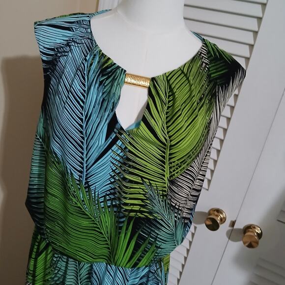 London Style Collection Med Sleeveless Slit Green/Blue Tropical print Maxi Dress - Picture 4 of 14